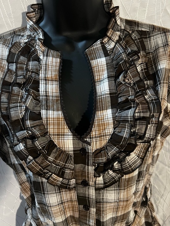 Max Rave- Womens Brown Plaid Ruffle Button-Front Top - Picture 2 of 4